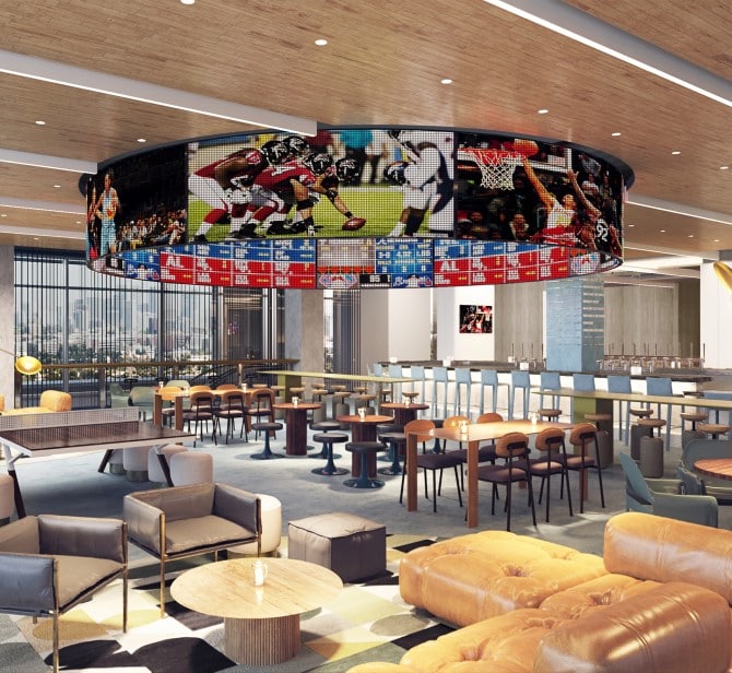 Culinary - View of central screens in Nest on Four sports bar at the Signia by Hilton Atlanta