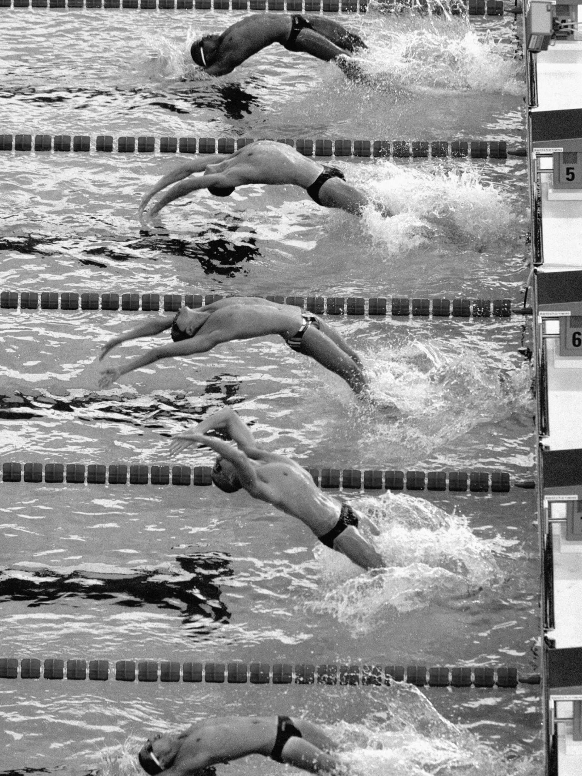 Five swimmers dive into a pool in synchronized motion during a Type II competition, creating splashes as they enter the water.